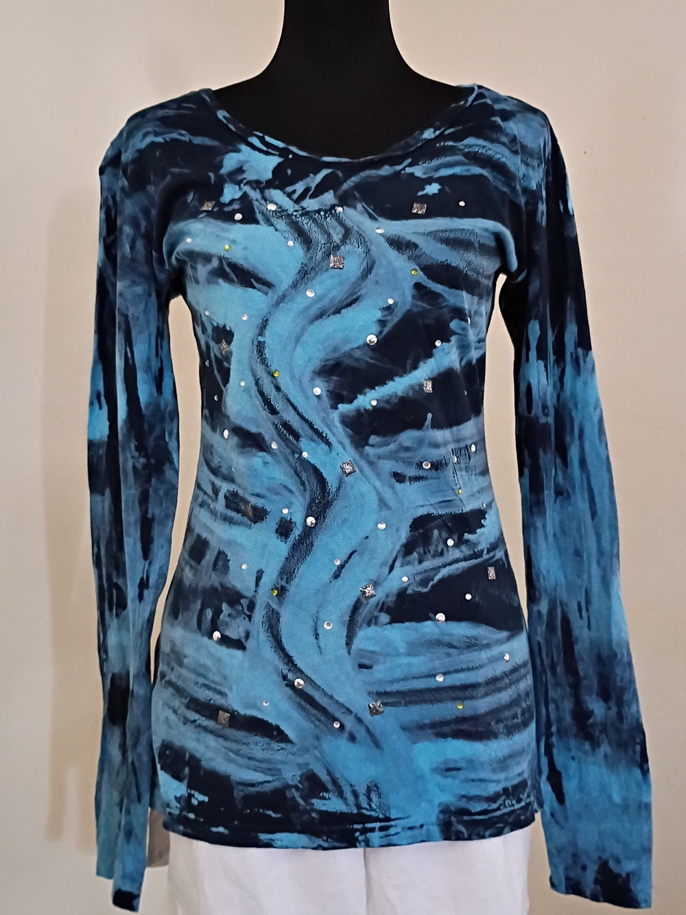 Blue Swirl Embellished Long Sleeve Women's Shirt